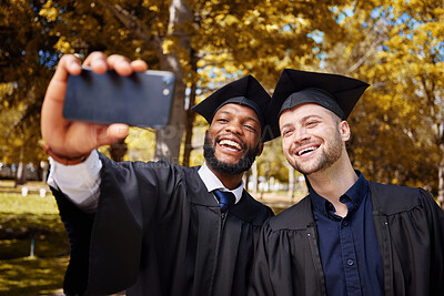 Buy stock photo Graduation selfie, friends and students on college or university campus, success or scholarship celebration. Happy men, graduate or people with education, achievement and diversity in profile picture