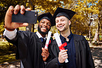 Graduation selfie, friends and students on university or college campus, success and celebration of diploma. Happy men, graduate or people with education, certificate and diversity in profile picture