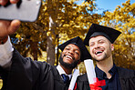 Graduate selfie, friends and students on college or university campus, diploma success and certificate or award. Happy men or people in education, graduation achievement and diversity profile picture