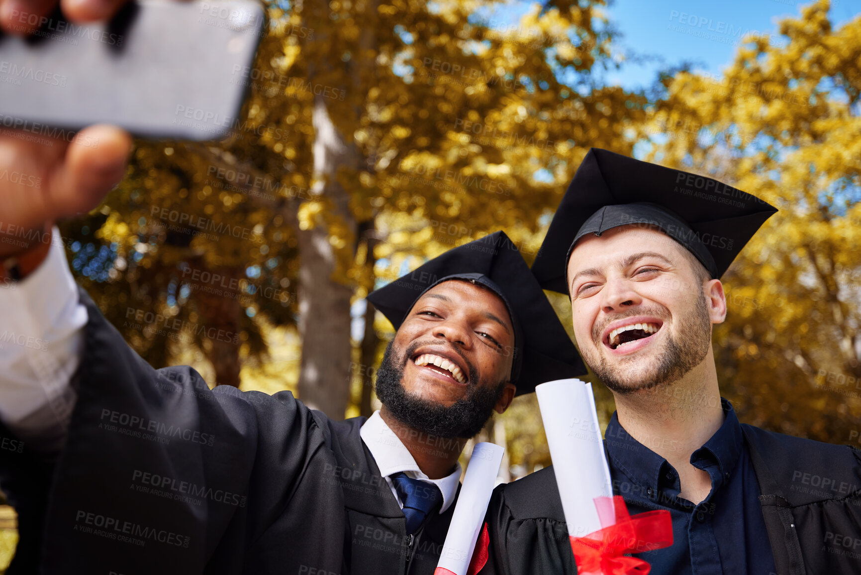 Buy stock photo Graduate selfie, friends and students on college or university campus, diploma success and certificate or award. Happy men or people in education, graduation achievement and diversity profile picture