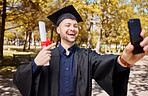 Graduation selfie, university student and man on campus, college profile picture and diploma or certificate success. Graduate, photography and happy person in park with scholarship celebration