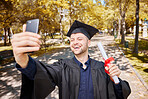 Graduation selfie, college student and man on campus, university and profile picture with diploma or certificate. Graduate success, photography and happy person in park with scholarship celebration