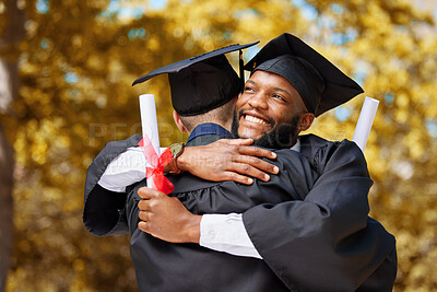 Buy stock photo Graduation, happy black man and hug of friends to celebrate education achievement, success and goals outdoor. Male university students embrace for congratulations, graduate support or dream of future