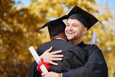 Buy stock photo Graduation, man and friends hug with smile for achievement, education and celebrate success outdoor. Happy university students, male graduate and embrace for celebration, congratulations and award