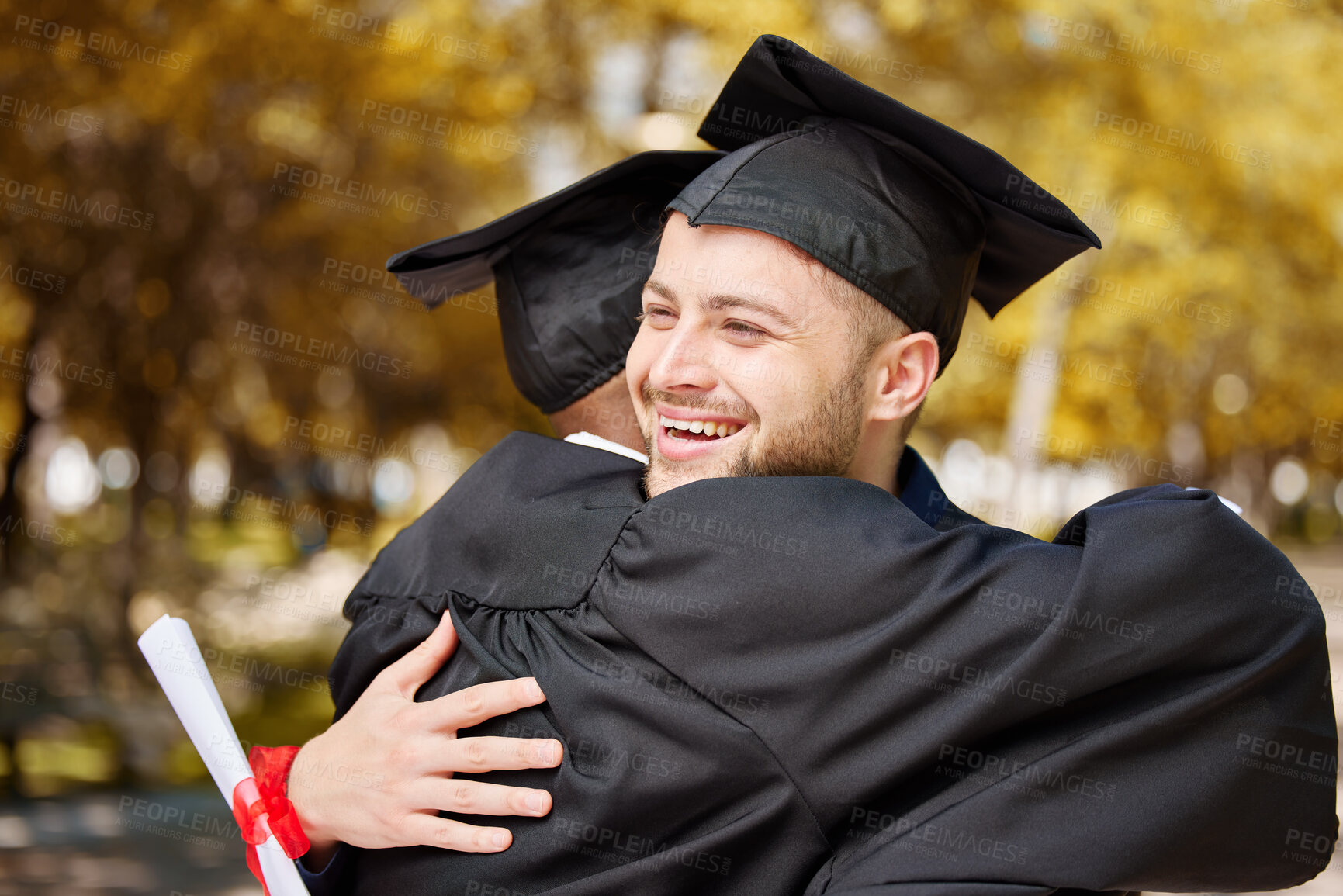Buy stock photo Graduate celebration, happy man and hug of friends for success of education achievement, winning and goals outdoor. Excited male university students embrace to celebrate dream, pride or college award