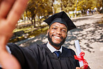 Black man, graduation selfie and diploma for college student, smile and excited for future at campus event. Graduate, education and celebration with certificate, memory or profile picture for success