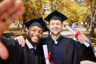 Buy stock photo Graduate selfie, portrait and students on college or university campus, success and diploma celebration. Face of friends, graduation people or men for education, certificate and diversity photography