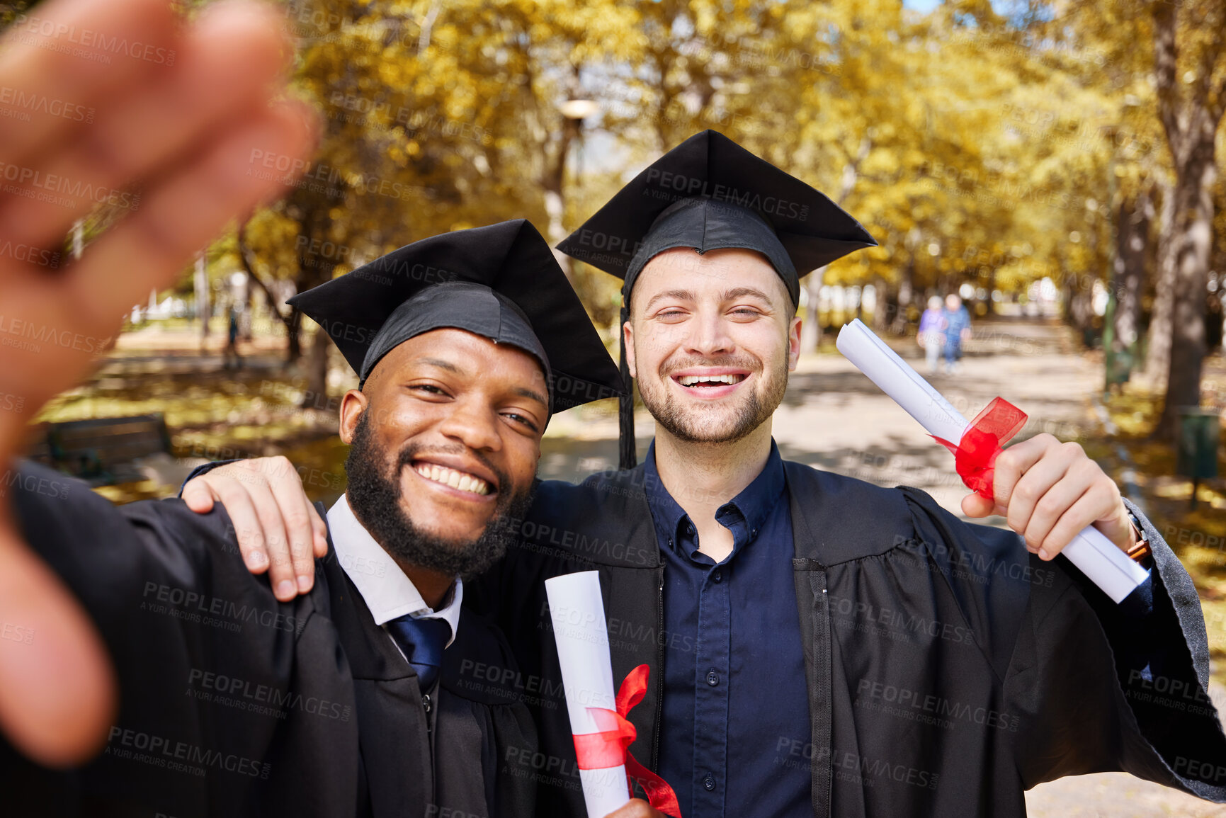 Buy stock photo Graduate selfie, portrait and students on college or university campus, success and diploma celebration. Face of friends, graduation people or men for education, certificate and diversity photography