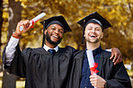 Graduation, men and portrait of friends celebrate achievement, education goals and smile for success outdoor. Happy male university students, graduate celebration and pride for certificate of freedom