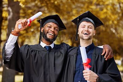 Buy stock photo Graduation, men and portrait of friends celebrate achievement, education goals and smile for success outdoor. Happy male university students, graduate celebration and pride for certificate of freedom