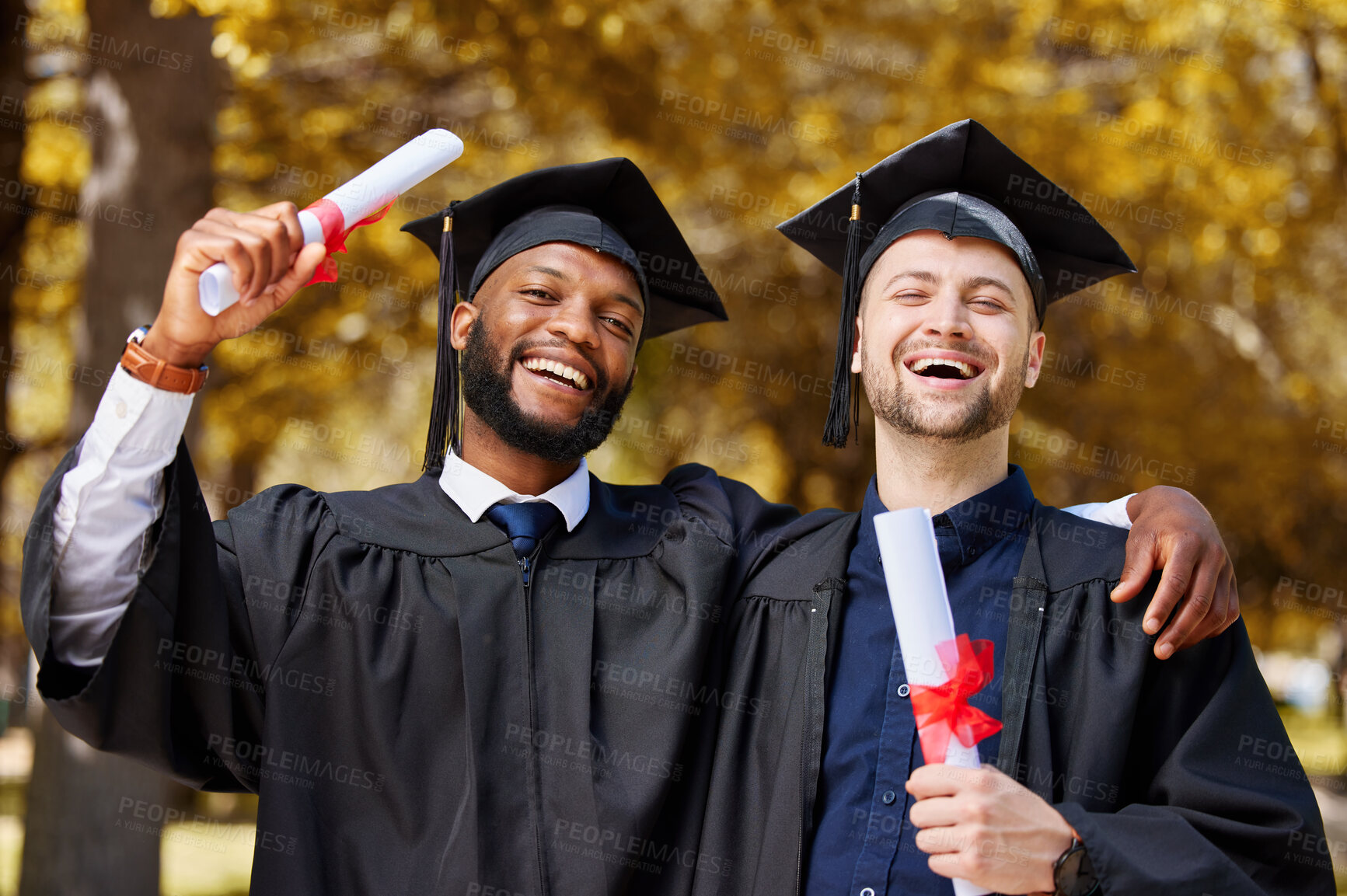 Buy stock photo Graduation, men and portrait of friends celebrate achievement, education goals and smile for success outdoor. Happy male university students, graduate celebration and pride for certificate of freedom