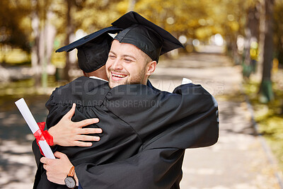 Buy stock photo University graduation, happy man and friends hug for success of college achievement, winning or motivation outdoor. Excited male students embrace to celebrate dream, graduate goals or education award