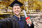 Man, graduation selfie and certificate for college student, smile and excited for future at campus event. Graduate guy, education and celebration with diploma, memory or profile picture for life goal