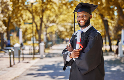 Buy stock photo Graduation portrait, diploma and man or student on university, education or college campus and scholarship success. African person or happy graduate arms crossed with certificate or award in park