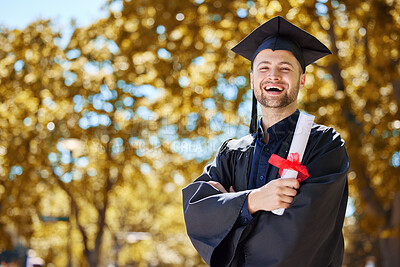 Buy stock photo Diploma, happy and man with certificate in outdoor for success with achievement for future. Graduation, guy and education with pride or happiness with scroll in nature with for qualification.