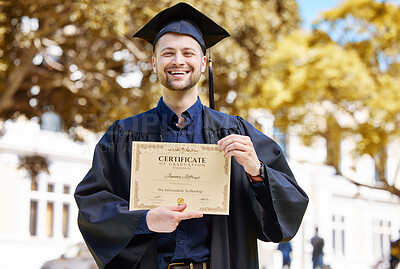 Buy stock photo Portrait, graduate and holding certificate with man in with campus for achievement. Diploma, guy and happy face with college graduation for success with motivation degree in information technology.