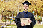 Graduate, guy and certificate with portrait in outdoor with success for education or scholarship. Achievement, male student and diploma with motivation for law qualification at university for future.