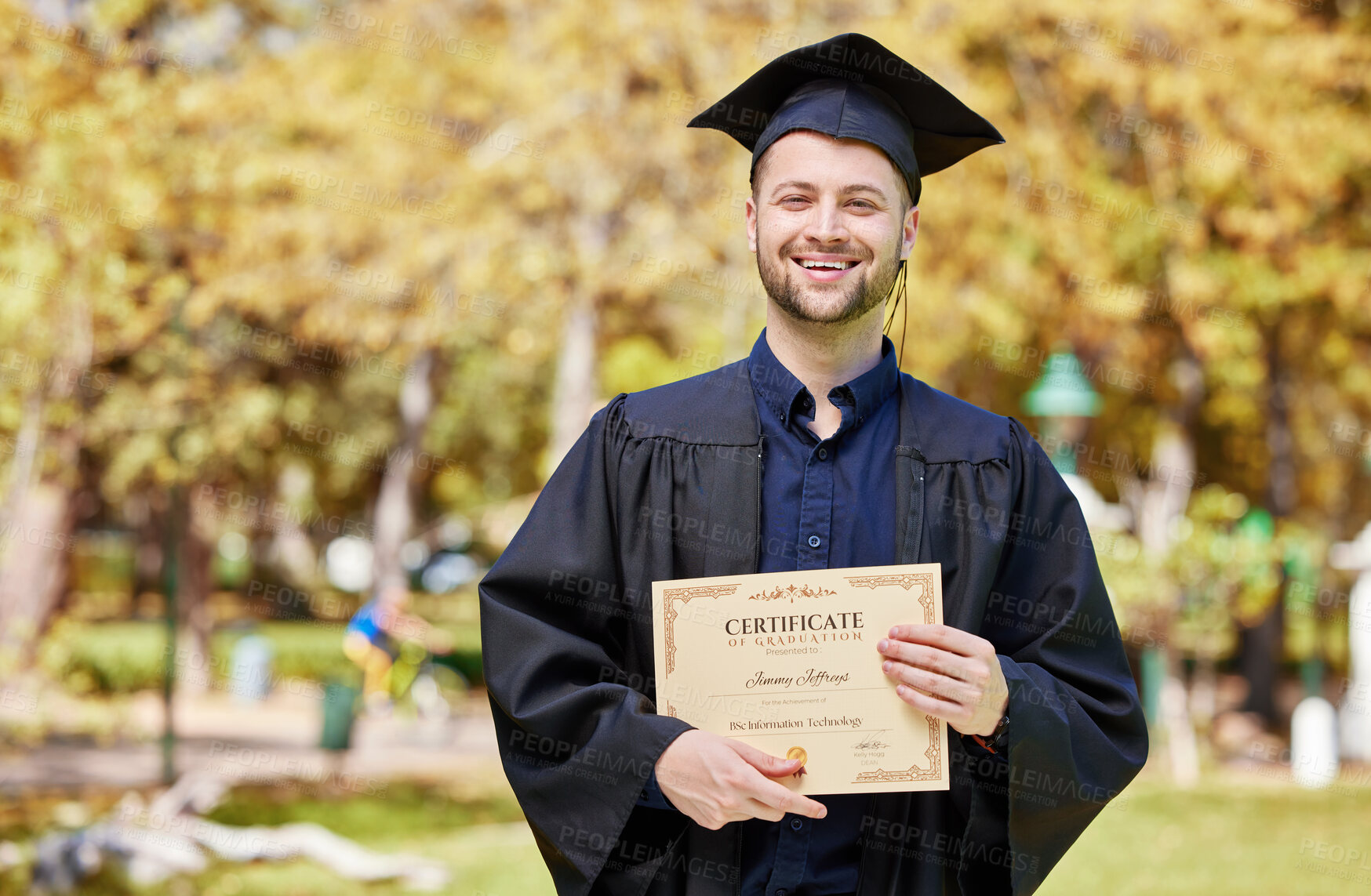 Buy stock photo Graduate, guy and certificate with portrait in outdoor with success for education or scholarship. Achievement, male student and diploma with motivation or degree in information technology at college.