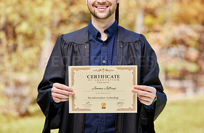 Buy stock photo University, man and student with certificate in closeup with award at college for success in future. Graduation, man and diploma as achievement with education for degree in information technology.