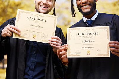 Buy stock photo Friends, students and graduation to show diploma with smile, congratulations and pride at campus event. Education, celebration and happy men with certificate, paperwork and success for learning goals