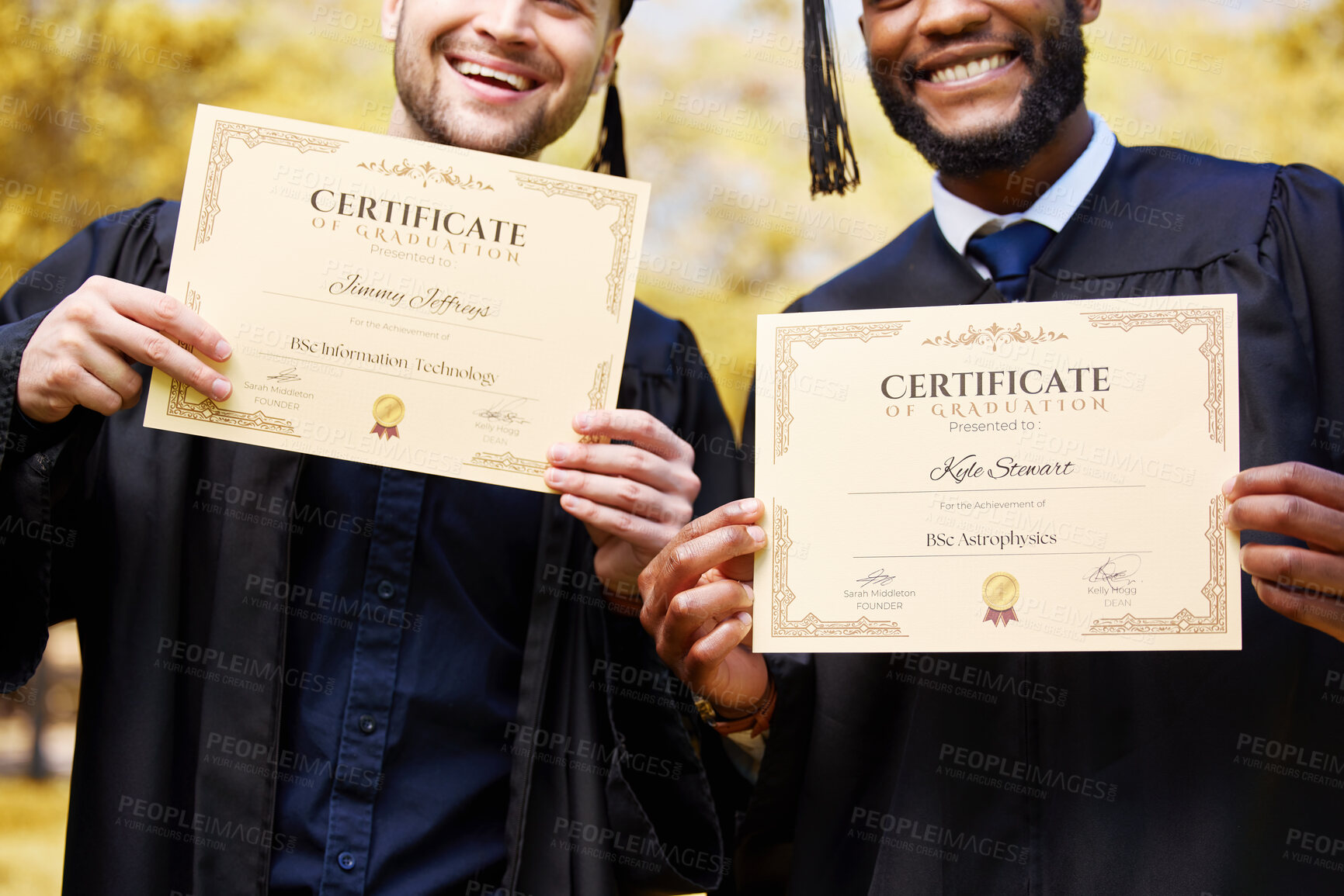 Buy stock photo Friends, students and graduation to show diploma with smile, congratulations and pride at campus event. Education, celebration and happy men with certificate, paperwork and success for learning goals