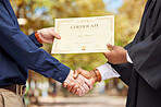 Shaking hands, graduation and certificate for college student with congratulations, professor and event for learning. Education, celebration and party with diploma, paperwork and award with success