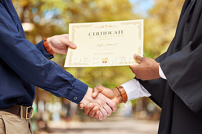 Buy stock photo Shaking hands, graduation and certificate for college student with congratulations, professor and event for learning. Education, celebration and party with diploma, paperwork and award with success