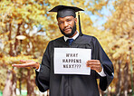 Paper sign, shrug and portrait of a man graduate by his college campus with a confused gesture. Doubt, graduation and African male student with poster and dont know expression outdoor at university.