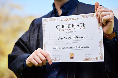 Buy stock photo University, hands and closeup of a graduation certificate for success, achievement or goal. Scholarship, college and zoom of graduate, student or person holding degree or diploma scroll for education