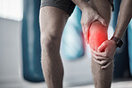 Fitness, closeup and man with a knee injury, accident or pain after a exercise in the gym. Sports, medical emergency and zoom of a male athlete with bruise or sprain leg muscle or bone after workout.