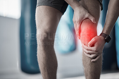 Buy stock photo Fitness, closeup and man with a knee injury, accident or pain after a exercise in the gym. Sports, medical emergency and zoom of a male athlete with bruise or sprain leg muscle or bone after workout.