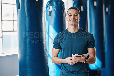 Buy stock photo Fitness, man and gym coach with tablet ready for exercise class and training with a smile. Young male person, athlete and wellness center for personal trainer happy from workout with digital app 