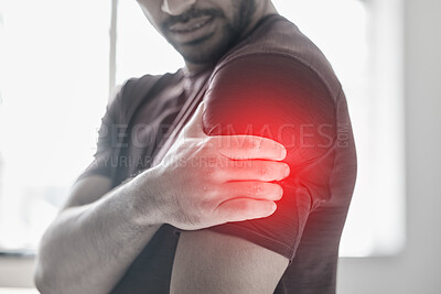 Buy stock photo Hand, arm pain and injury with a man shoulder in red highlight during a fitness workout. Healthcare, medical and anatomy with a male athlete holding a joint after an accident or emergency in the gym