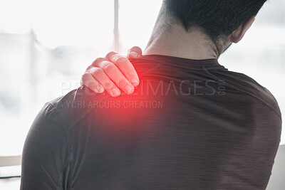 Buy stock photo Hand, back pain and injury with the shoulder of a man in red highlight during a fitness workout. Healthcare, anatomy and emergency with a male athlete holding a joint after an accident in the gym