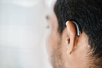 Hearing aid, closeup or ear of man with disability from the back on mockup space. Deaf person, medical device or implant of sound waves, audiology or help of listening equipment, accessory or support