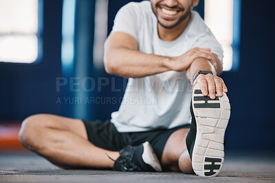 Buy stock photo Foot, exercise and stretching with a sports man in the gym getting ready for a cardio training routine. Fitness, health and warm up with a male athlete in preparation of a workout for wellness