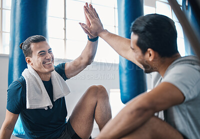 Buy stock photo Fitness, high five and men friends at a gym for training, workout and motivation, happy and smile. Exercise, success and man with personal trainer at health club celebrate kickboxing goal or progress