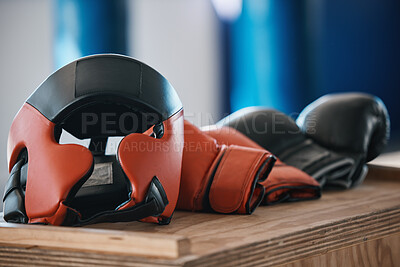 Buy stock photo Fitness, boxing glove and workout for training in closeup in gym for mma competition for punch. Protection, exercise and fighting sport equipment at health centre for challenge or fight and wellness.