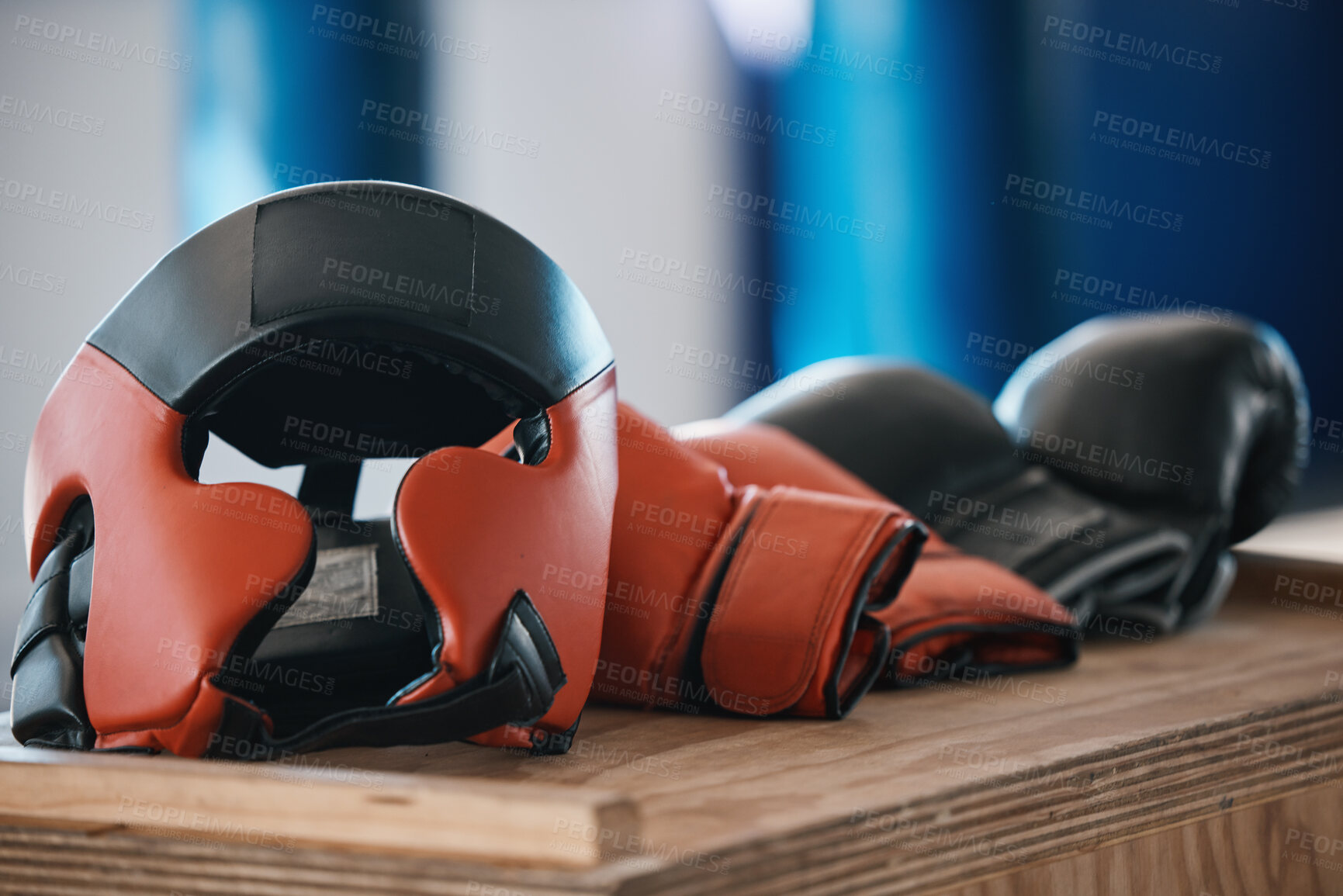 Buy stock photo Fitness, boxing glove and workout for training in closeup in gym for mma competition for punch. Protection, exercise and fighting sport equipment at health centre for challenge or fight and wellness.