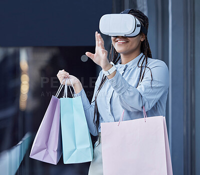 Buy stock photo VR, glasses and woman in online shopping, e commerce and fintech on high tech, futuristic or metaverse. Virtual reality of young customer or person with fashion bag in AR or 3d vision of digital mall
