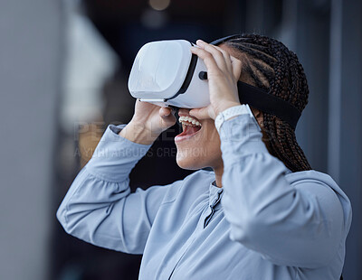 Buy stock photo VR, glasses and business woman outdoor on AR software, high tech and digital world, wow and surprise. Virtual reality, vision and professional person watch or user experience in urban city or travel