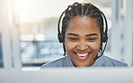 Call center, communication and business woman, consultant or agent in customer support, consulting or e commerce. Happy, professional and african person in virtual consultation, telecom and computer