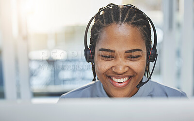 Buy stock photo Call center, communication and business woman, consultant or agent in customer support, consulting or e commerce. Happy, professional and african person in virtual consultation, telecom and computer