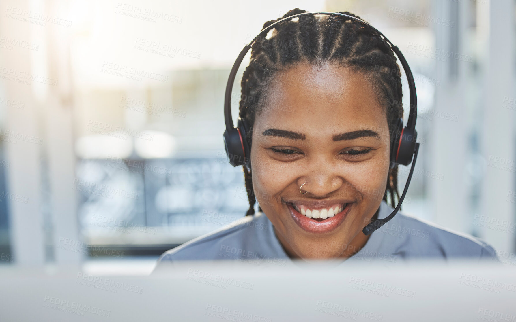 Buy stock photo Call center, communication and business woman, consultant or agent in customer support, consulting or e commerce. Happy, professional and african person in virtual consultation, telecom and computer