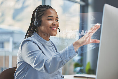 Buy stock photo Call center, digital overlay or happy woman on computer in customer support, telemarketing or CRM network. Chart graphs hologram, contact us or girl virtual assistant consulting with headset or smile