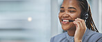 Call center banner, happy and black woman with a headset for consulting, online contact and telemarketing. Ecommerce, mockup and an African customer service worker with a smile for advice and support