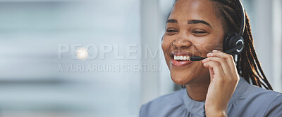 Buy stock photo Call center banner, happy and black woman with a headset for consulting, online contact and telemarketing. Ecommerce, mockup and an African customer service worker with a smile for advice and support