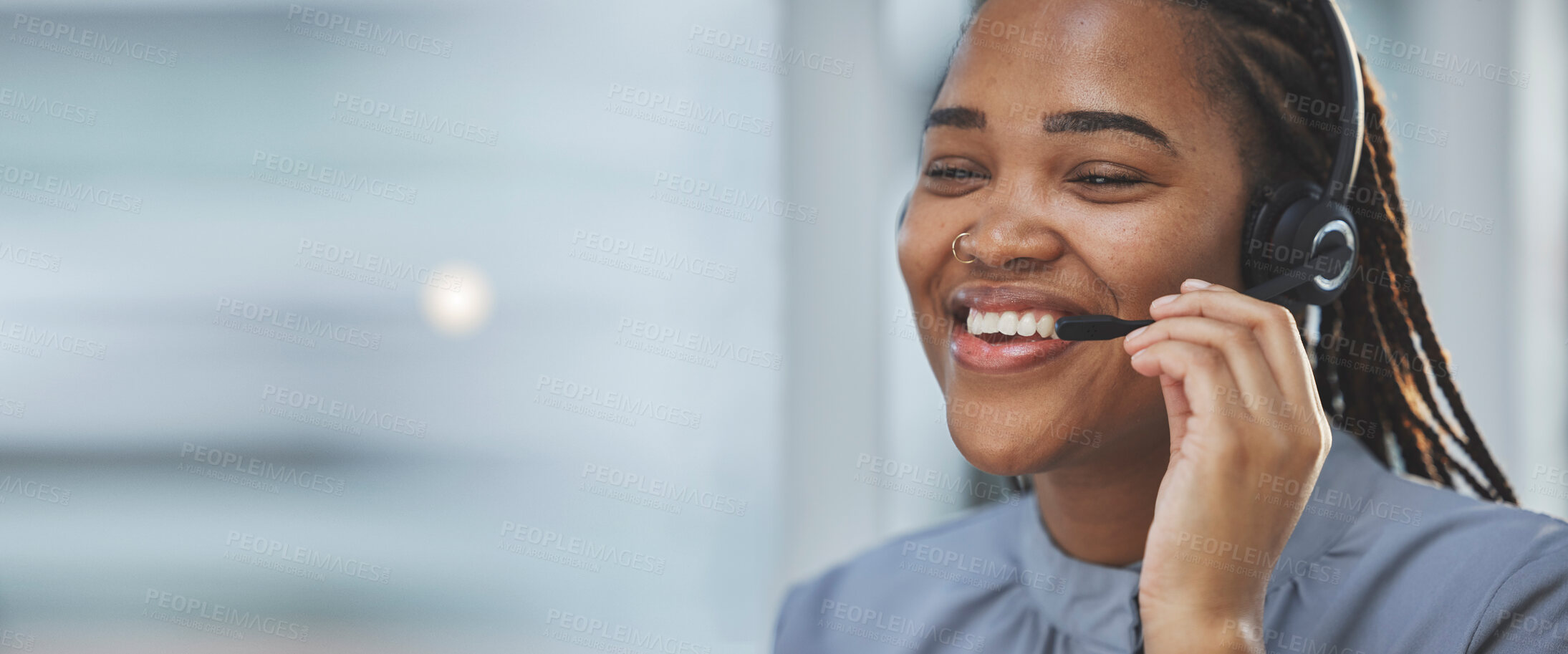 Buy stock photo Call center banner, happy and black woman with a headset for consulting, online contact and telemarketing. Ecommerce, mockup and an African customer service worker with a smile for advice and support