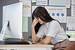 Headache, computer and business woman stress, sad or fatigue for news, website fail or marketing agency problem. Pain, tired or person with depression for online crisis, management mistake on desktop