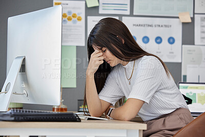 Buy stock photo Headache, computer and business woman stress, sad or fatigue for news, website fail or marketing agency problem. Pain, tired or person with depression for online crisis, management mistake on desktop